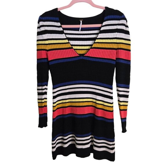 Free People Gidget Sweater Dress V Neck Long Puff Sleeve Retro Size XS - Picture 2 of 15